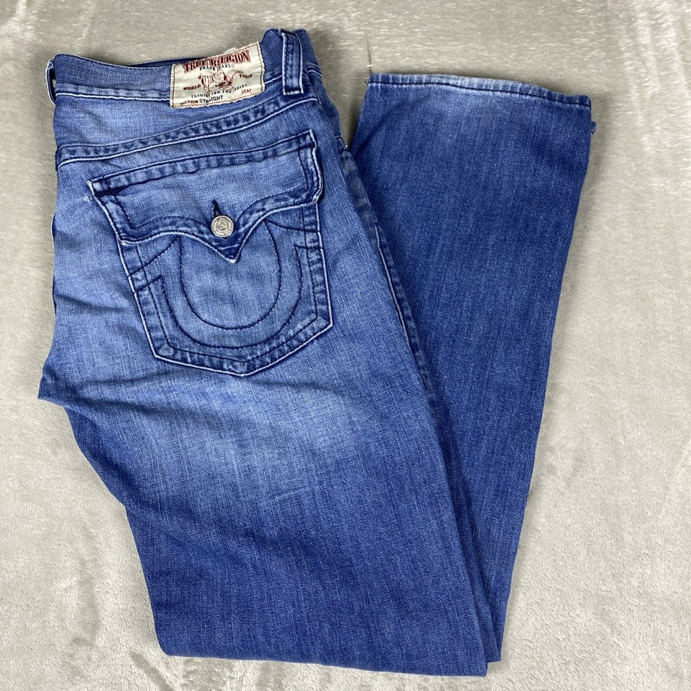 True Religion Straight Flap SN Jeans Men's 36x32 Blue Denim Horseshoe Pockets